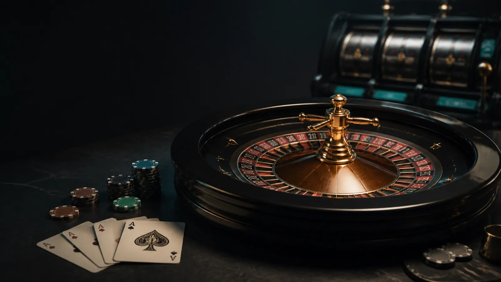 Ambiente editorial de cassino online com roleta, cartas e luzes em azul-petróleo