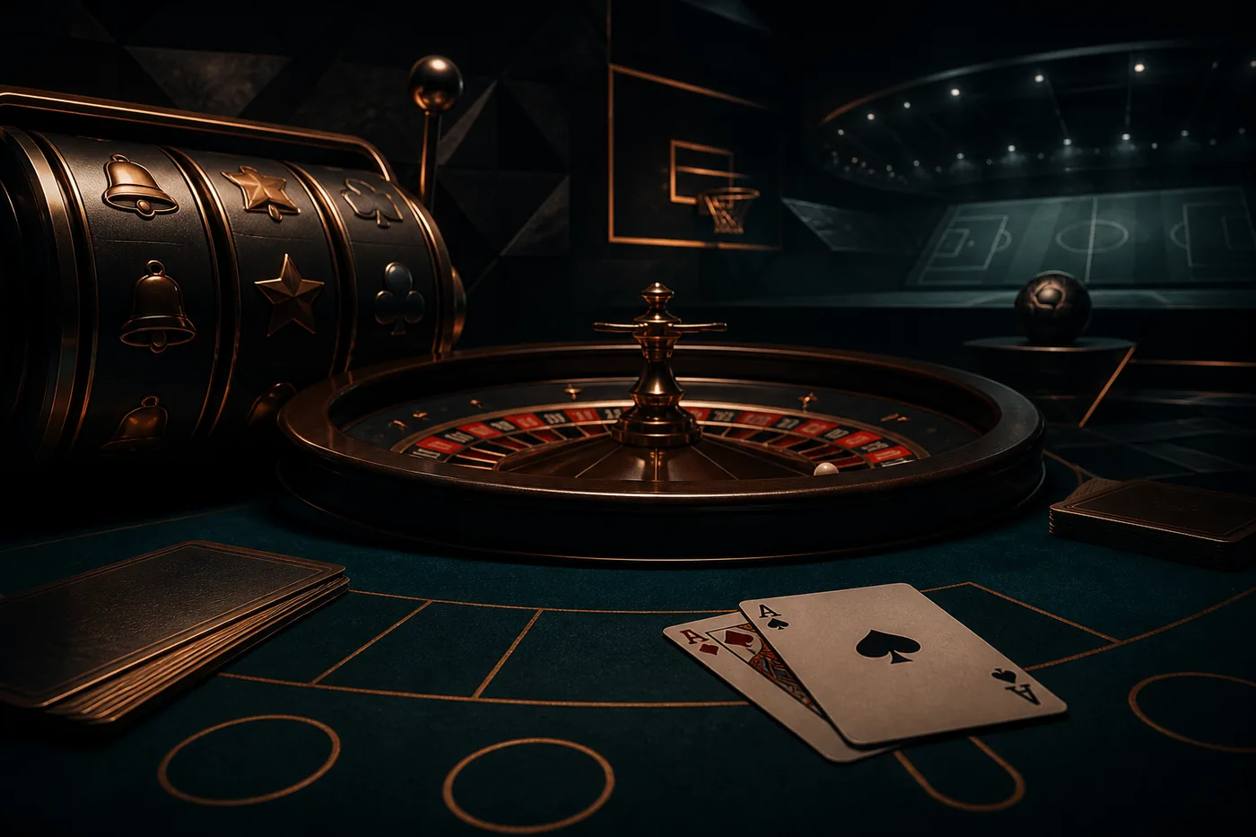 Composição com slots genéricos, roleta, cartas e referência a apostas esportivas