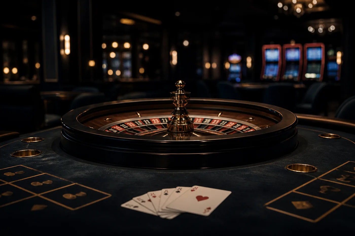 Mesa de roleta e cartas em ambiente noturno de entretenimento